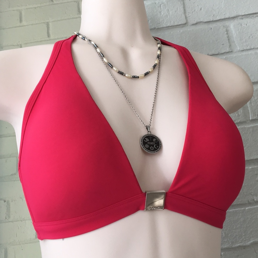 Calvin Klein red molded silver logo tie bikini top
